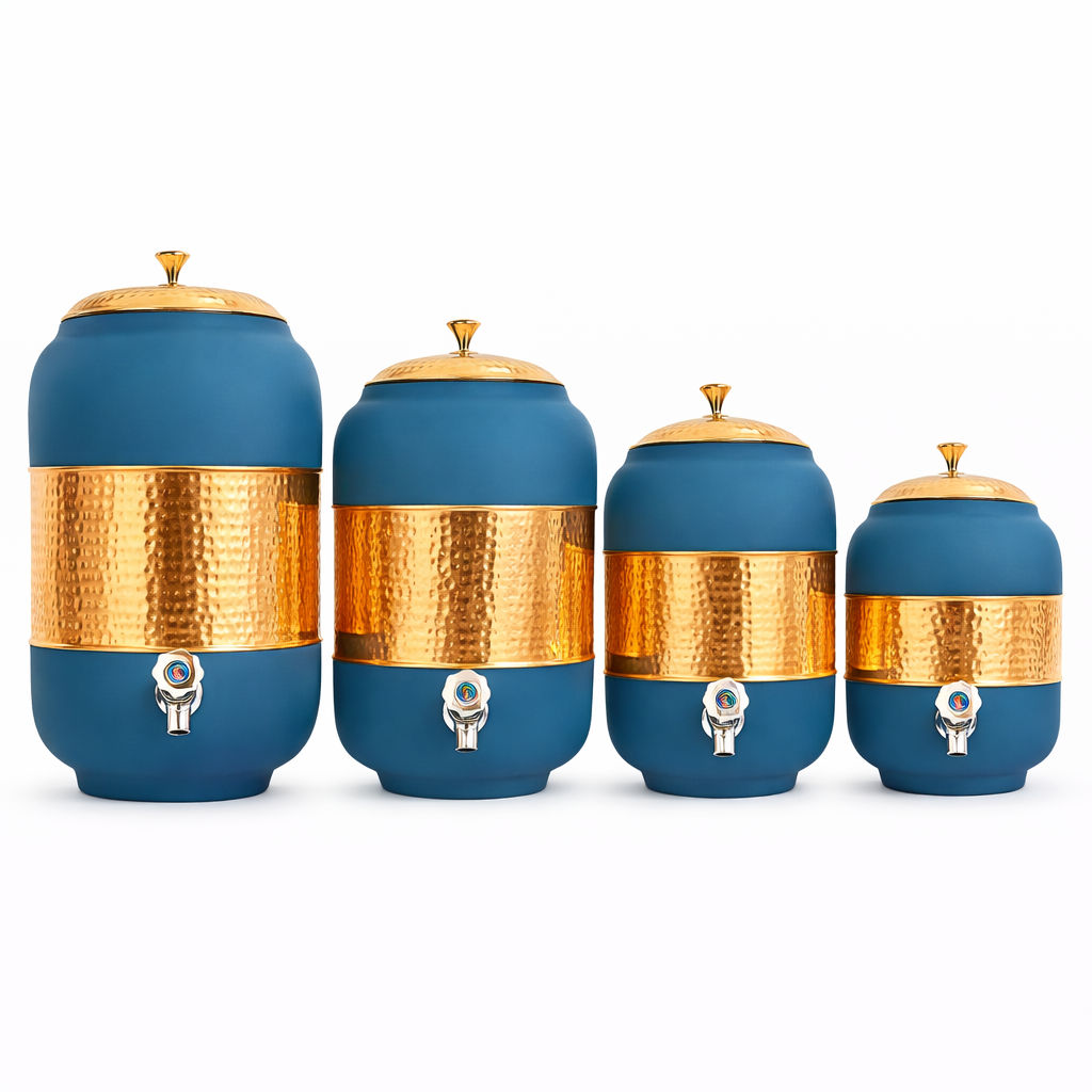 Pure copper water pot, half hammered with silk finish, blue, 5000 ML